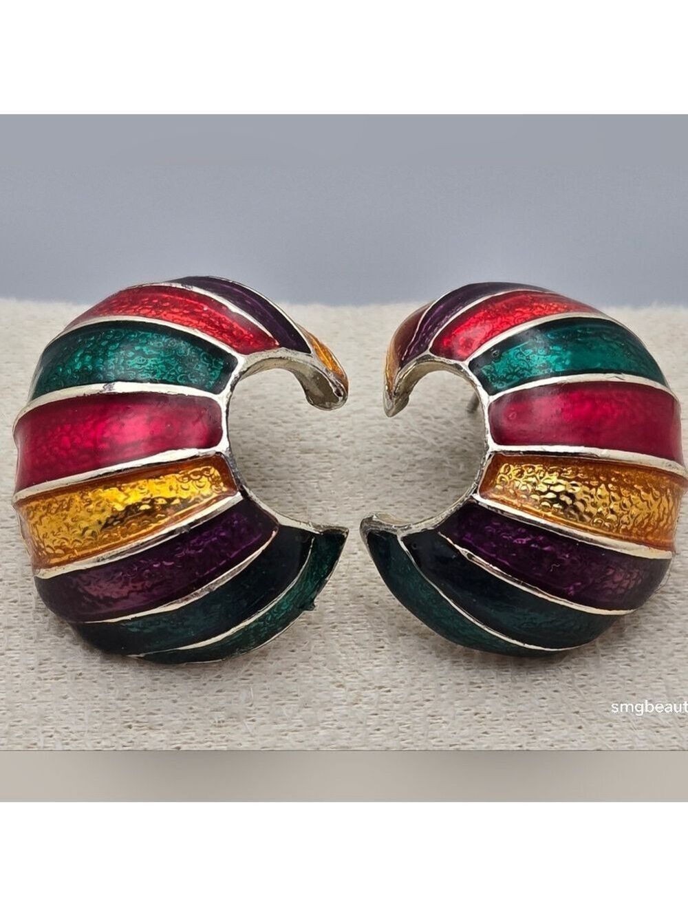 Vintage Rainbow Enamel Crescent Hoop Stud Earrings 90s Gold-Tone Multi-Color